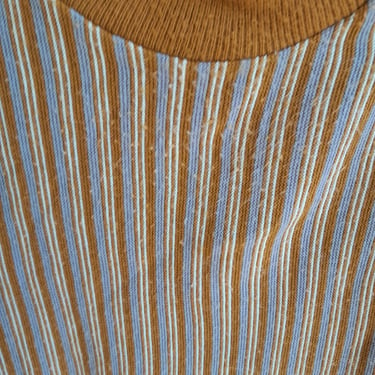 Vintage  60s/70s Striped Mock Neck Knit Pullover Short Sleeve / Unisex / Mustard and Blue 