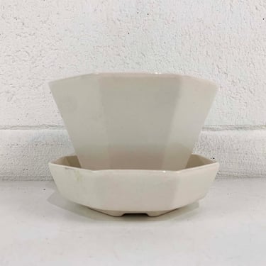 Vintage White Planter Attached Saucer Mod Mid-Century Pottery Pot 1950s 50s Geometric Octagon MCM Plant Holder Frankoma USA 