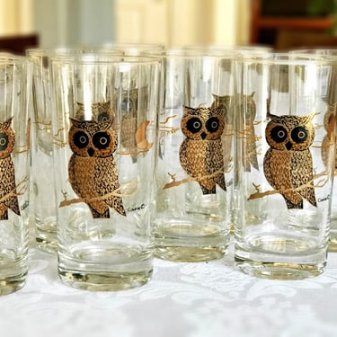 Vintage Couroc Owl Cocktail Glasses | Set of 4 Mid-Century Highball Tumblers | Retro Whiskey Barware Gift for Collectors 