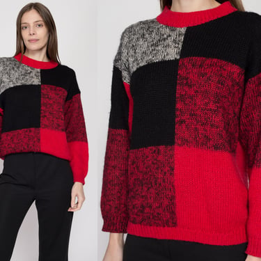 Small 80s Red & Black Color Block Sweater | Vintage Wool Blend Knit Pullover 