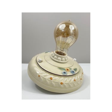 Refurbished Bare Bulb Flush Mount Porcelain Fixture - Deco Era - Ivory with Blue Orange Embossed Florals - Ready to Hang 
