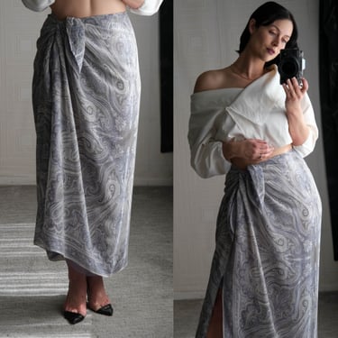 Vintage Y2K EMANUEL UNGARO Grey & Sky Blue Floral Houndstooth Printed Silk High Waisted Wrap Skirt | 100% Silk | 2000s Y2K Designer Skirt 