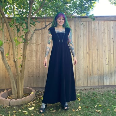 Vintage 1970’s Black Maxi Dress with Embroidered Flower on the Bust 