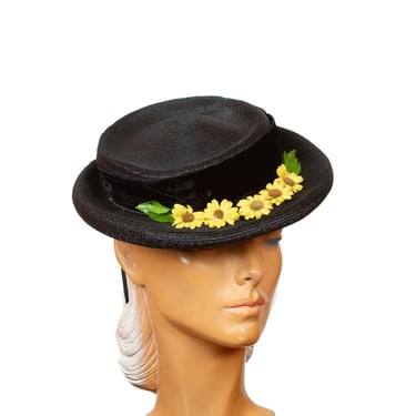 1940s 1950s Hat ~ Black Boated with Yellow Daisies and Velvet Ribbon 
