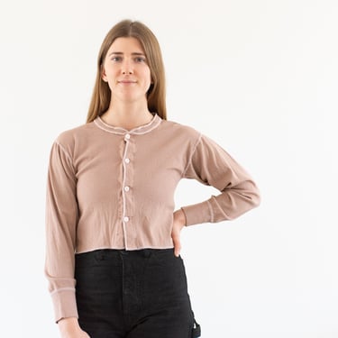 Vintage Ballet Pink Button Up Thermal Shirt | Contrast Edging | Cotton Blend Undershirt | XS S | 