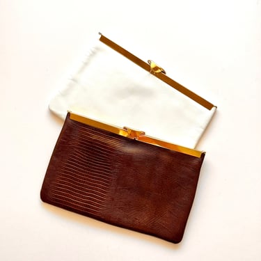 Vintage 60s Leather Clutch 70s Handbag Brown White Bag Wristlet Purse 