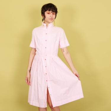 50s Pink White Striped Spring Dress Vintage Pleated Collar Shirt Dress 