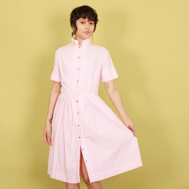 50s Pink White Striped Spring Dress Vintage Pleated Collar Shirt Apple Branches Vintage Miami FL