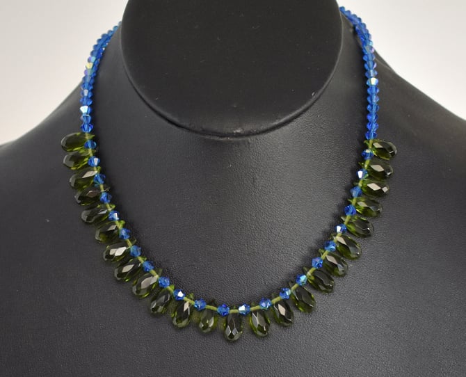 70's green & blue crystals bling bib choker, elegant teardop and bicone faceted glass 12k gold filled clasp necklace 