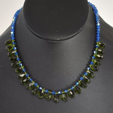 70's green & blue crystals bling bib choker, elegant teardop and bicone faceted glass 12k gold filled clasp necklace 