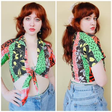 1990s Vintage Gitano Neon Crop Top / 90s Orange and Green Tie Front Cropped Blouse / Small 