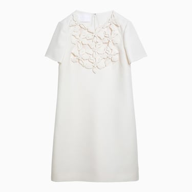 Valentino Ivory Short Dress In Wool And Silk With Embroidery Women