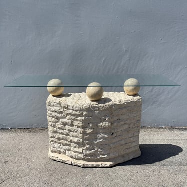 Vintage Post Modern Tessellated Mactan Stone Console Table Sofa Entry Way Maitland Smith Style Hollywood Regency Mid Century Modern Design 