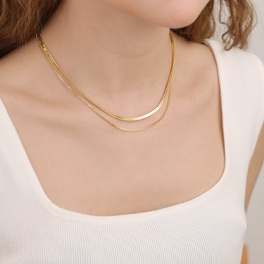 N011 gold duo chain herringbone necklace, double chain necklace, herringbone chain necklace, box chain necklace, everyday necklace, gift 