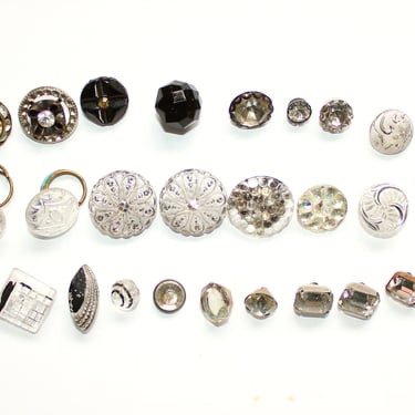 Art Deco Black Foiled Clear Glass Button Collection - Rhinestone Buttons 