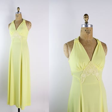 70s Yellow Maxi Dress / 70s Disco Maxi / Easter Dress / Size XS/S 