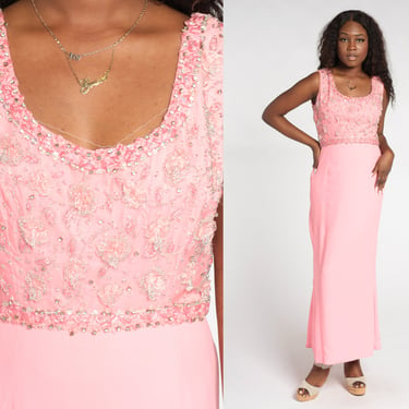 Pink Beaded Gown 60s Party Dress Sparkly Floral Maxi Dress Formal Retro Prom Column Dress Glam Cocktail Sleeveless Vintage 1960s Medium M 
