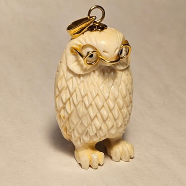 Vintage 14k gold carved bone owl pendant charm 