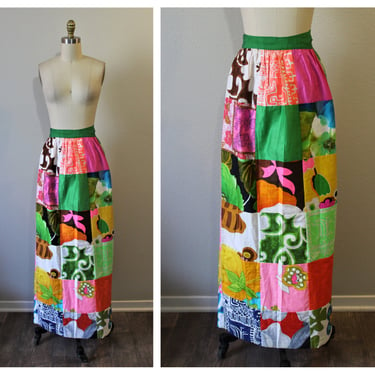 Vintage 1960s 70s Alice Polynesian Psychedelic Patchwork Wraparound Skirt  // Modern XS/S/M 