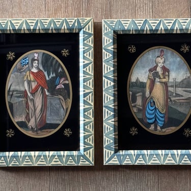 Pair of 19th C. Hand-colored English Engravings of the Allegories of America & Asia in Blue Gusto Painted Frames