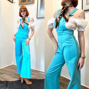 Vintage 1970s Jumpsuit / 70s Corduroy Flare Leg Overalls / Blue (XS S) 