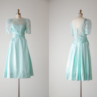 mint green dress | 80s vintage pastel satin lace puff sleeve bustle dress prom dress gown 