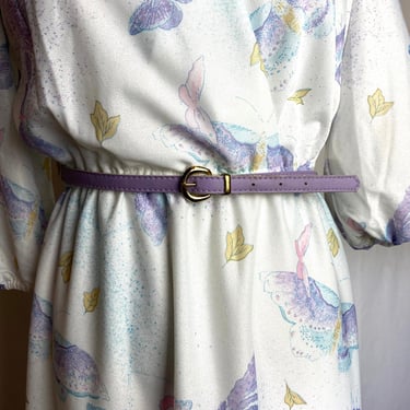 70’s pale pastel butterflies print dress~ cinched waist cross front V neck summery vibes puff sleeves size SM 