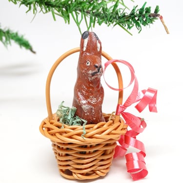 Vintage German Hand Painted Rabbit in Woven Basket Christmas Tree Ornament, Antique Easter Decor, Germany 