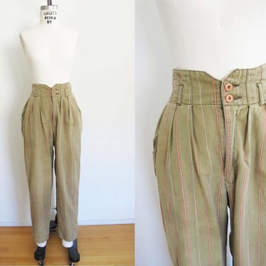 Vintage 80s Paperbag Waist Striped Khaki Tan Pants S 27 -  Pinstripe Womens High Waist Pleated  Tapered Leg Trousers - Preppy Academia Style 