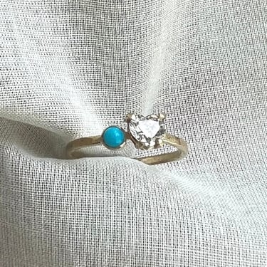 Toi Et Moi Diamond Heart and Turquoise Engagement Ring Handmade in Solid 14k Gold 