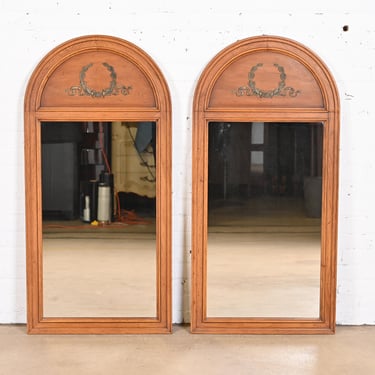 Henredon French Regency Louis XVI Walnut and Brass Arched Wall Mirrors, Pair