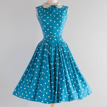 Darling 1950's Turquoise Polka Dot Dress With Full Skirt and Lace Collar / XS