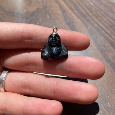 Vintage Carved Black Stone Buddha Charm with Silver Loop, Small Stone Buddha Charm, Cute Carved Buddha, Black Stone Buddha 