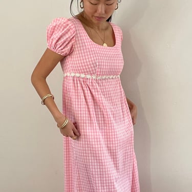 70s gingham maxi dress / vintage pink gingham cotton babydoll empire ruffle daisy trim maxi dress | Small 