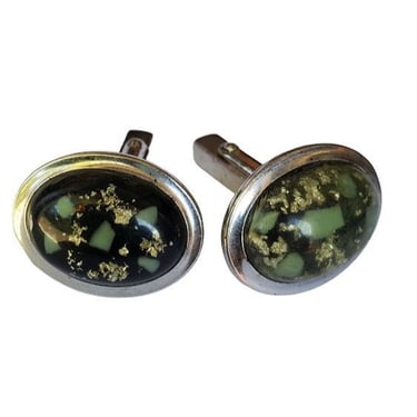 Mid Century Gold Flake Oval Silver Tone Anson Cufflinks Black Green Stone M15 