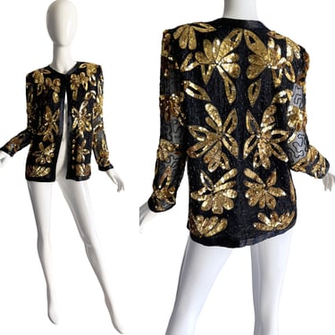 80s Vintage Sequin jacket blouse / Vintage Silky Nites Silk Beaded Top / 1980s Disco party top medium 