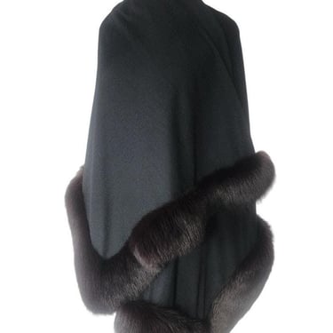 Vintage Sable Fur Lined Wrap in Black Wool 