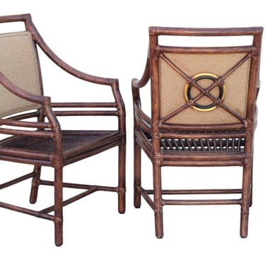 Authentic Pair (2) of McGuire Rattan Target Back Arm Chairs Organic Modern Palm Beach Hollywood Regency 