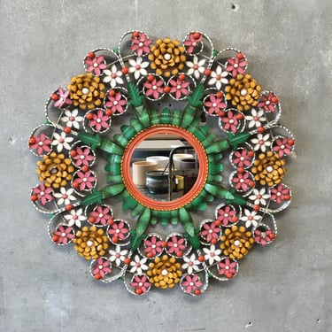 Vintage Mexican Flower Mirror made from Tin Cans