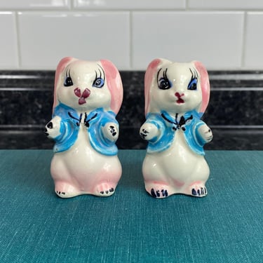 Vintage Bunnies Bunny Rabbit Salt & Pepper Shakers | Anthropomorphic Long Eyelashes Blue Vest Pink Ear Bunny Shakers | Japan Ceramic 