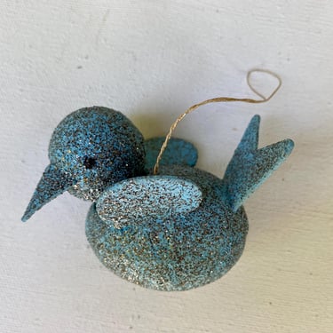 Vintage Glittery Bird Christmas Ornament, Paper Mache Blue Bird With Silver Glitter, Xmas Tree Decor 