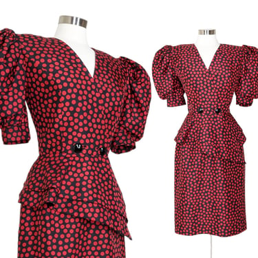 Vintage Polka Dot Peplum Dress with Puffy Sleeves and Nipped Waist / 1980s Hourglass Red Silk Jacket and Skirt Set 