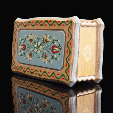 Vintage Reuge Swiss Musical Jewelry Box With Anri Hand-Painted Floral Design and Compartments 