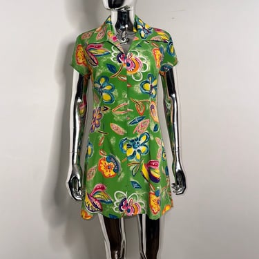 90s Does 70s Mod Dress | Pop Art Floral Dress | Green Zipper Dress | Jumbo Floral Print Mini Dress | 90s Does 70s Mini Dress | Small Medium 