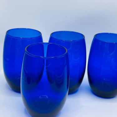 Pretty Set of (4) Cobalt Blue Juice or Stemless Wine Glasses  8 ounce- mint 