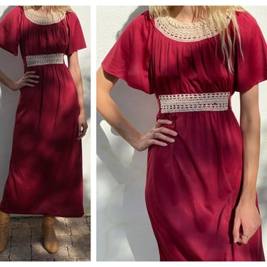 1970s Maxi Dress / Size Small-Medium-Large / Cream Crochet Dress / Wine Red Poly Jersey Dress / Seventies Disco Era / Easy Boho Dress 