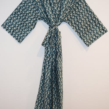 Block Print Kimono Robe, Hand Block Printed Long Bathrobe, Lightweight Cotton Robe, Cotton Dressing Gown, Beach Coverup, Geometric Print 