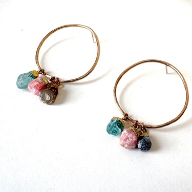 Charm Hoops- 14k Goldfilled Hoop Studs with Rough Gemstone Charm Dangles 