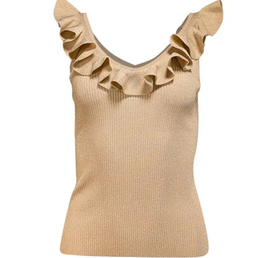 Zimmermann - Gold Sparkle Ribbed Knit Ruffle Trim Tank Sz 6