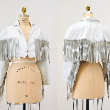 80s 90s Vintage White Leather Fringe Jacket Leather Cowboy Cowgirl Western Motorcycle Biker boho Jacket Small Medium 80s 90s Leather Jacket 